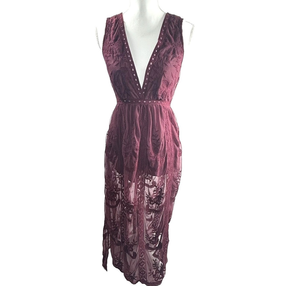Wishlist Festival Maxi Dress Burgundy Lace Romantic Romper Vamp Whimsigoth S - Picture 2 of 8